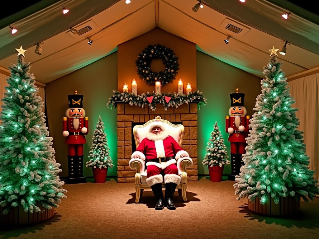 A cozy holiday scene featuring Santa Claus sitting in an ornate chair. The background is decorated with festive Christmas trees and Nutcracker soldiers. Soft, warm lighting enhances the holiday spirit. There are decorations such as a wreath and candles on the mantle. The atmosphere is inviting and joyful, ideal for capturing the essence of Christmas.