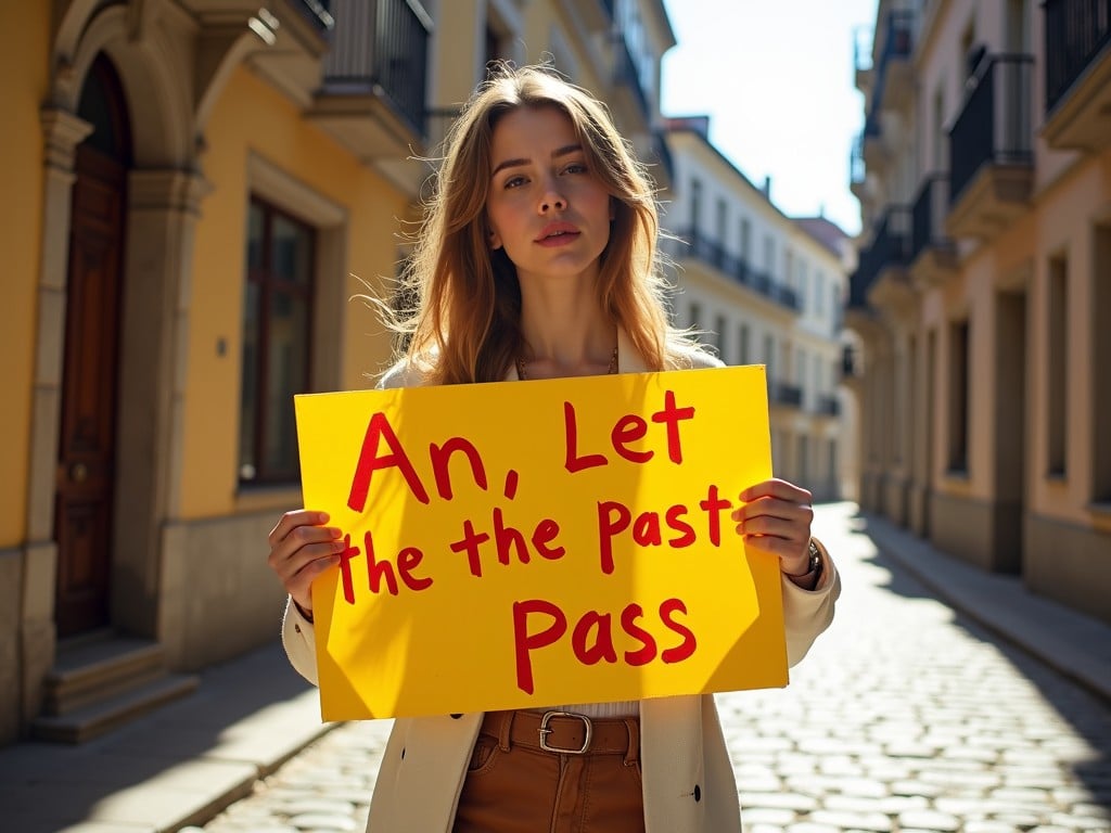 The image captures a woman standing on a sunlit cobblestone street, holding a brightly colored yellow sign with a motivational message. The text on the sign contains a typographical error, adding a touch of humor and realism to the scene. The background buildings are softly out of focus, emphasizing the subject's expression and sign.