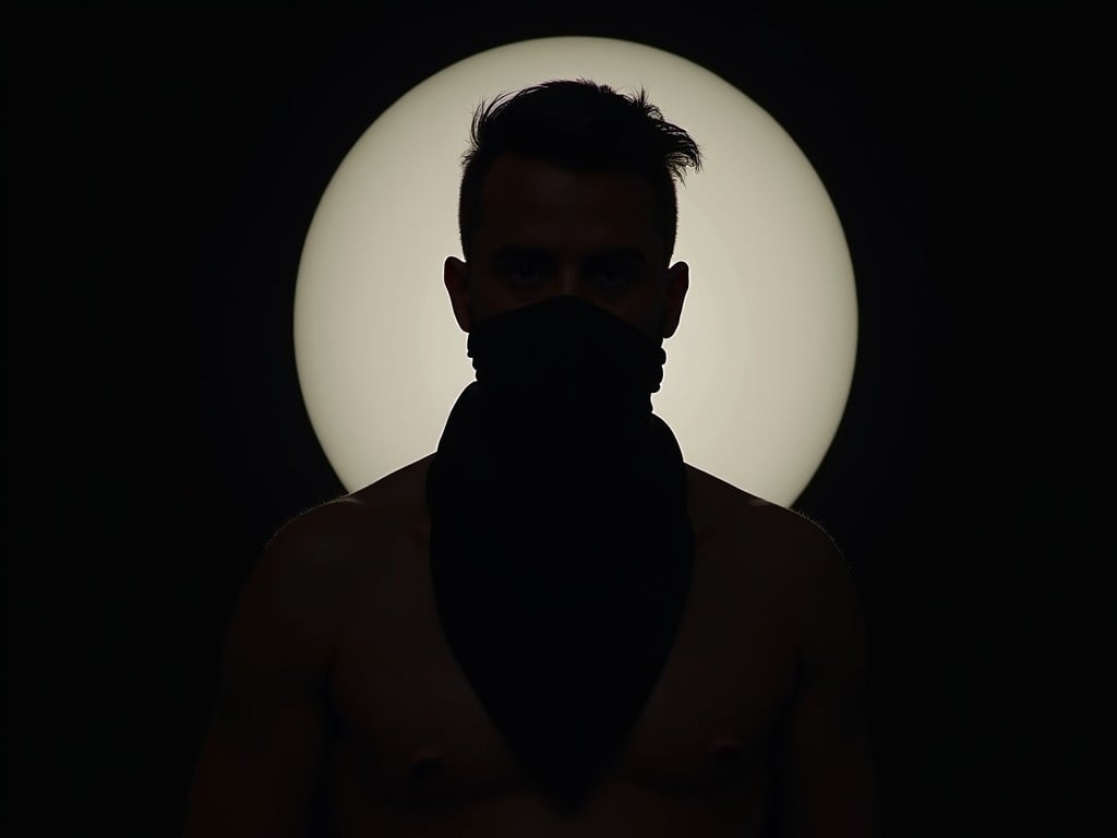 The image features a man standing in front of a bright, spherical light source that highlights his silhouette. He is wearing a black bandana that covers his face, adding an air of mystery. The background is entirely black, emphasizing the figure and the halo effect created by the light. The pose suggests strength and anonymity. This artistic portrait combines elements of fashion and dramatic lighting.