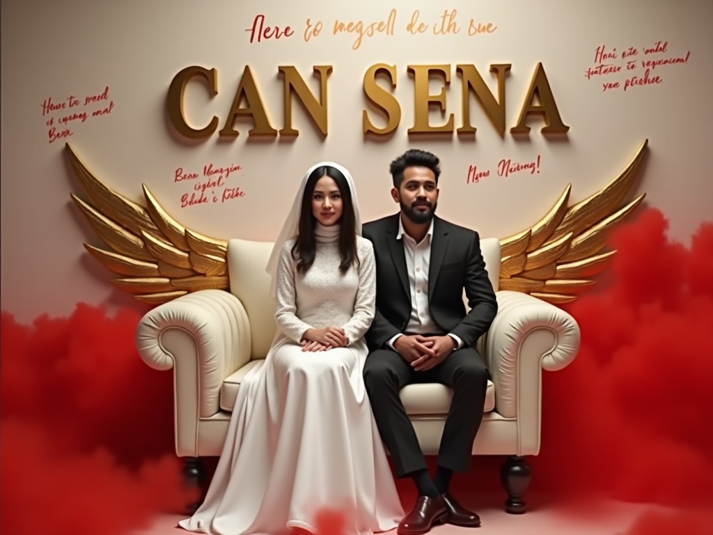 A couple sits together on an elegant wingback sofa. The bride, wearing a bridal gown and hijab, appears graceful with straight black hair. Beside her, the groom, a bearded man in a smart casual outfit, looks confidently ahead. Behind them, the words 'CAN SENA' are prominently displayed in large, gold letters on the wall, flanked by ethereal light gold wings. The scene is enveloped in soft red smoke, creating a mystical atmosphere. The couple appears angelic, enhancing the romantic ambiance of the image.