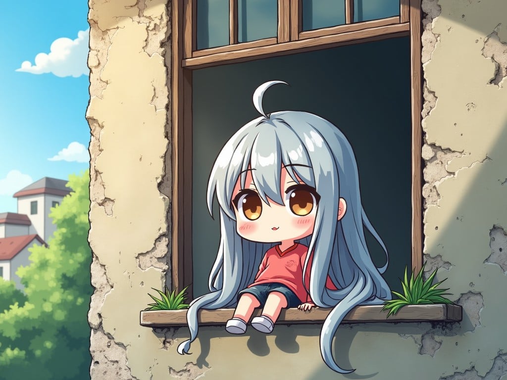 A chibi-style character with long, silver hair sits on a windowsill of an old, rustic building. The character's large, expressive eyes and small stature give a sense of innocence and wonder. The vibrant sky and surrounding buildings create a serene backdrop in this charming illustration.