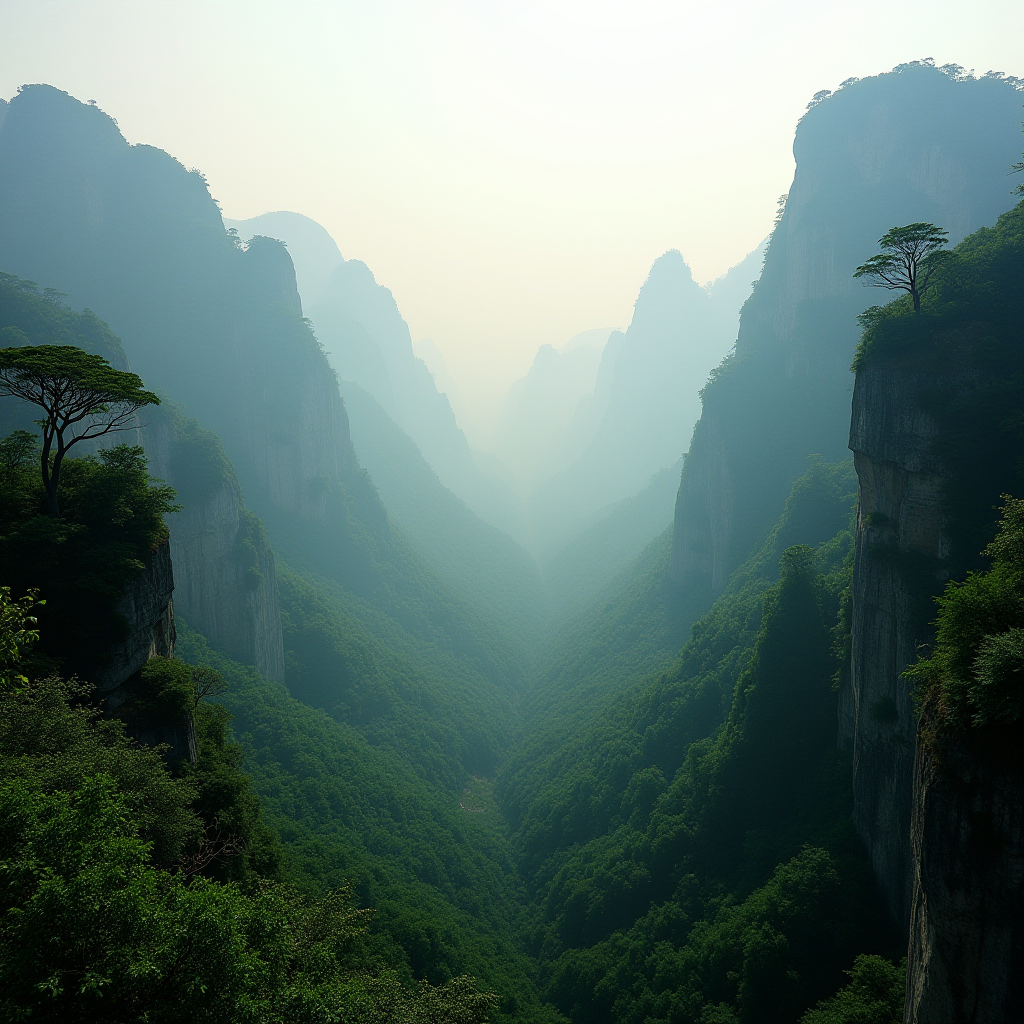 A serene mountain landscape enveloped in mist, with lush, green vegetation covering steep cliffs and distant peaks fading into the haze.