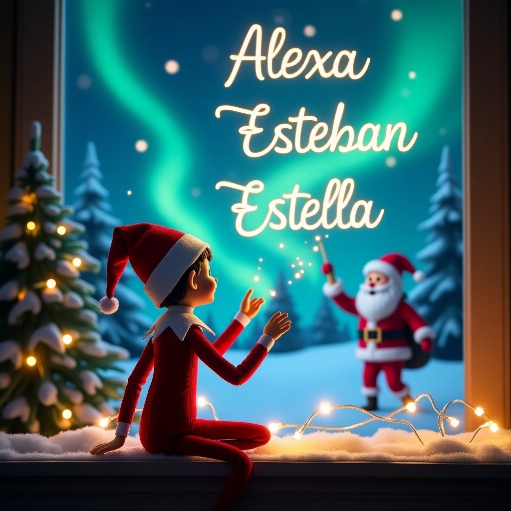 The image features an elf on the shelf sitting with his back to the viewer. The elf is facing a magical Christmas sky and using a wand to write names in the air. The enchanting Northern Lights illuminate the background with a snowy landscape. Santa Claus is also present in the scene, adding to the festive atmosphere. The names 'Alexa', 'Esteban', and 'Estella' are elegantly formed in the sky with sparkles of magic. This illustration captures the joyful essence of Christmas and the magic of the holiday season.