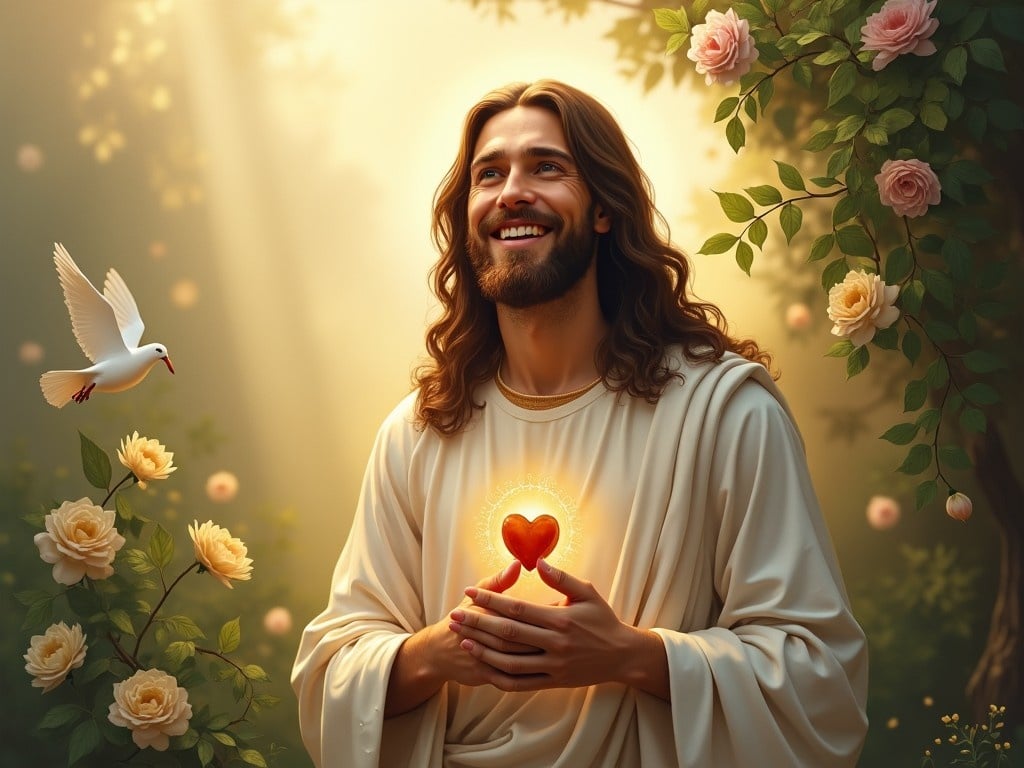 The image depicts Jesus Christ with a warm, joyful expression. He is holding a glowing heart in his hands, symbolizing love and compassion. Surrounding him are blooming roses and lush greenery, adding a serene touch to the scene. A dove flies nearby, reinforcing themes of peace and purity. The golden light creates an ethereal atmosphere, enhancing the message of hope. This artwork conveys a feeling of warmth and spiritual connection.