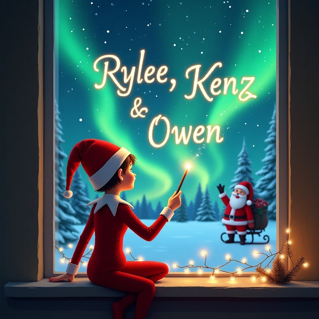 This image depicts a whimsical scene featuring an elf on the shelf sitting by a window. The elf is dressed in a bright red costume and has its back turned towards the viewer. Using a wand, it writes in the night sky, creating a magical atmosphere. Beyond the window, a stunning display of northern lights adds to the enchanting scene. In the distance, Santa Claus can be seen, enhancing the festive spirit. The names 'Rylee, Kenz & Owen' are elegantly drawn in the sky with sparkling effects, embodying the wonder of Christmas.