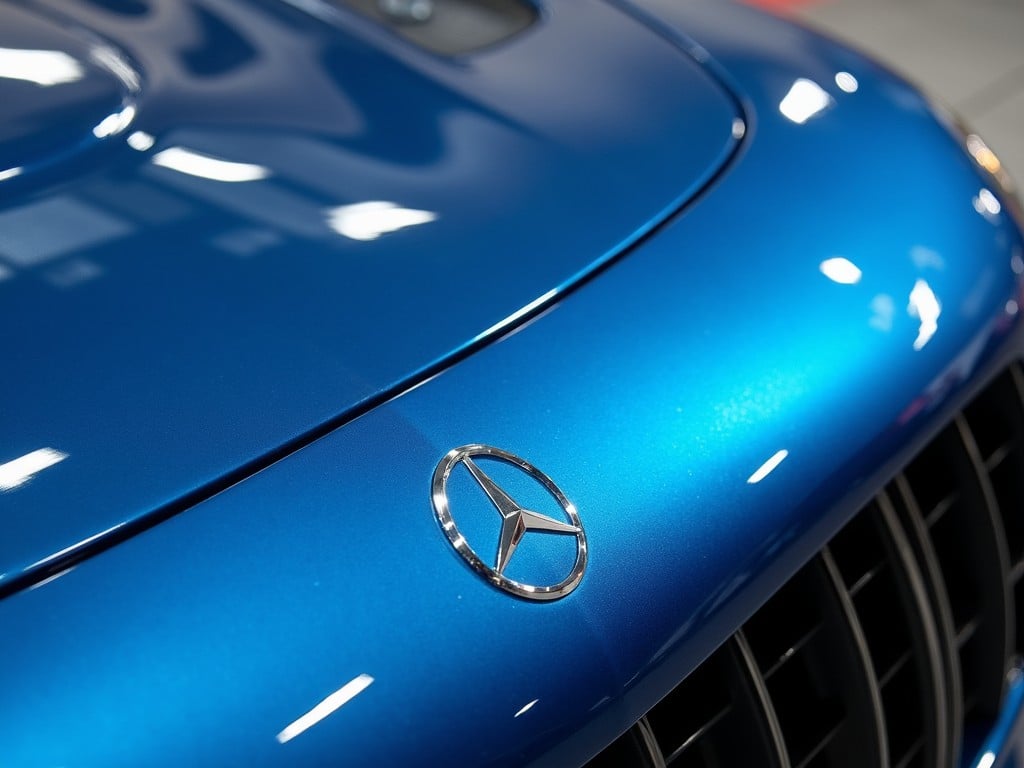 A close-up shot of a sleek, shiny blue sports car showcasing its stylish curves and detailed headlights.