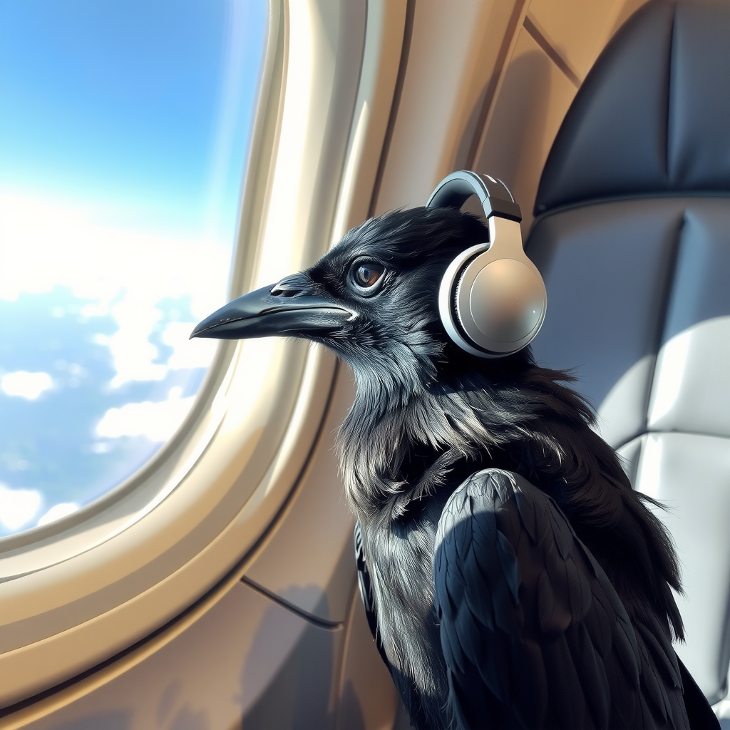 A crow wearing headphones sits on an airplane seat gazing out the window.