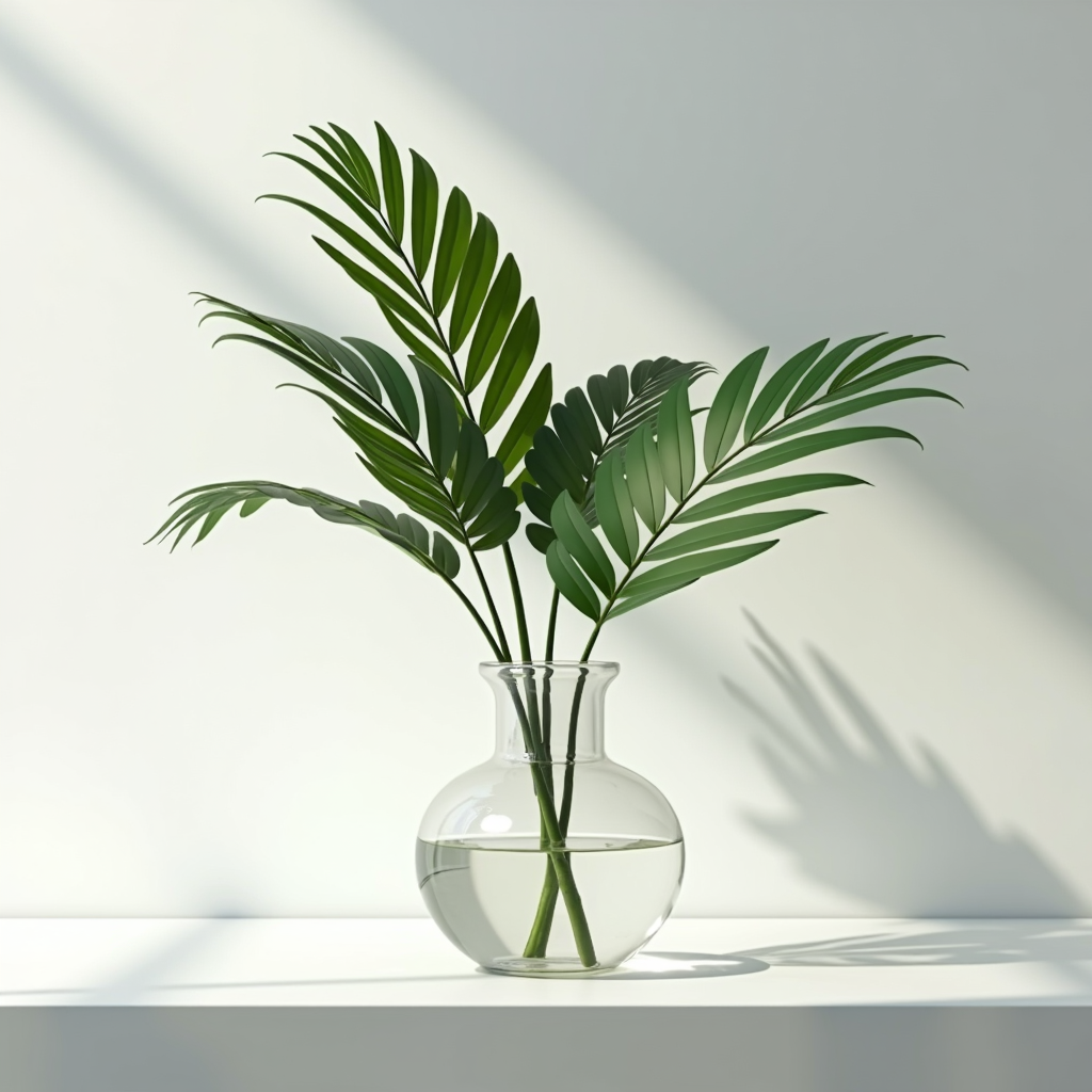 A clear glass vase holds vibrant green palm leaves, casting elegant shadows on a white surface in soft, natural lighting.