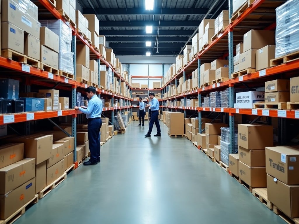 The image depicts an ecommerce warehouse filled with neatly organized boxes. Workers in business attire are seen managing inventory on the shelves. The environment is bright and spacious, with aisles between the rows of products. The warehouse solits are labeled, indicating an efficient organization system. The scene showcases the process of product listing and stock management in an ecommerce setting.