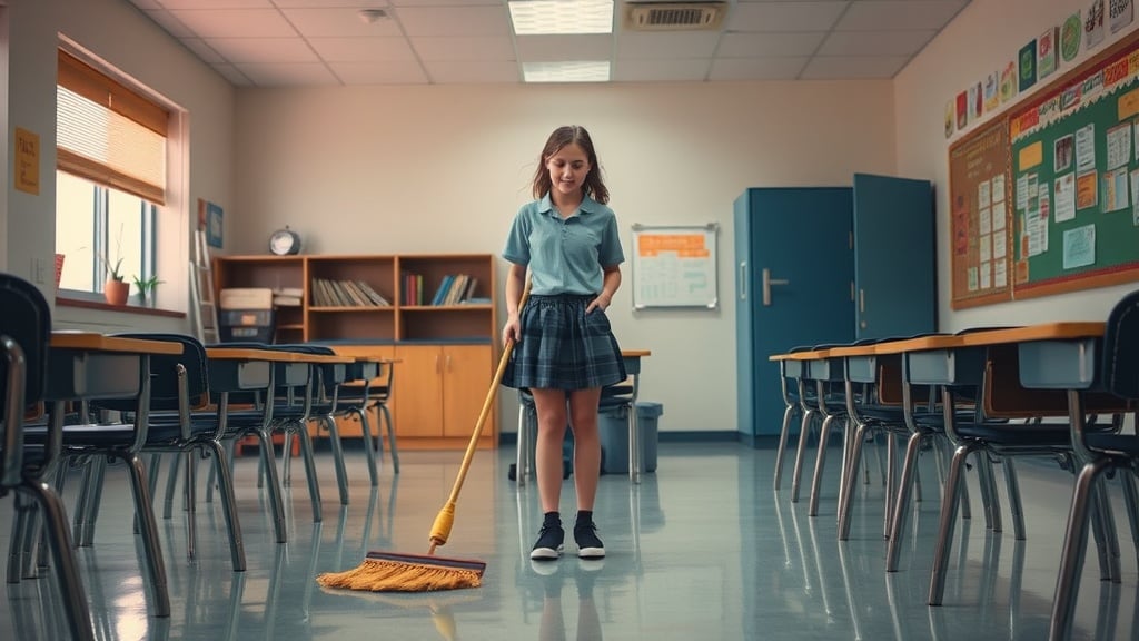 In a brightly lit classroom, a young girl in a school uniform is sweeping the floor with a thoughtful expression. The room is primarily empty, with neatly arranged desks and chairs lining each side. The bulletin board at the back showcases various educational materials, adding color and life to the otherwise calm setting.