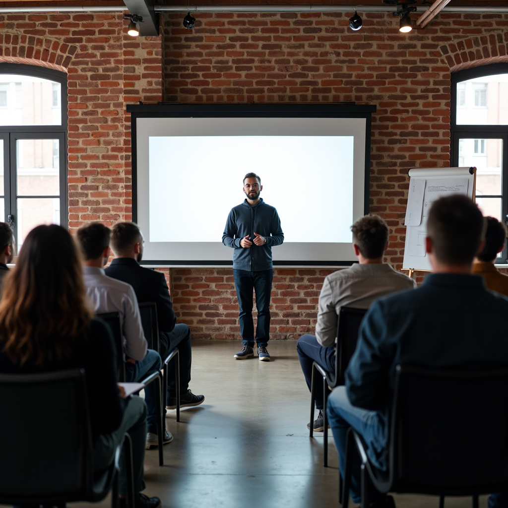 A man is giving a presentation to an audience seated in a room with brick walls.