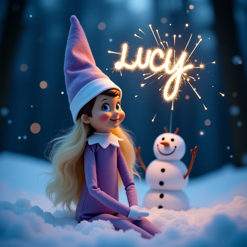 This image features a charming lilac Elf on the Shelf named Lucy, with long blonde hair and blue eyes. She sits in a snowy woodland scene illuminated by soft light from a nighttime sky. A friendly snowman is behind her, happily waving. Above her, the name 'Lucy' is written in sparkling light, creating a festive and magical atmosphere. The colors of the image are predominantly lilac, white, and blue, enhancing its winter wonderland theme. This scene captures the essence of holiday joy and playful innocence.