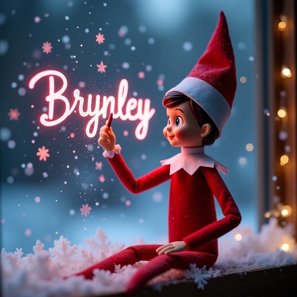 A joyful Elf on the Shelf is interacting with a magical scene during the festive season. The elf, wearing a classic red outfit and pointy hat, is playfully writing the name 'Brynley' in the air with pink sparkly glitter. Soft white snowflakes fall gently around the elf, and warm lights twinkle in the window behind. The atmosphere is cozy and filled with holiday spirit, inviting viewers into a whimsical Christmas moment. This enchanting setting makes it perfect for families celebrating the season together.