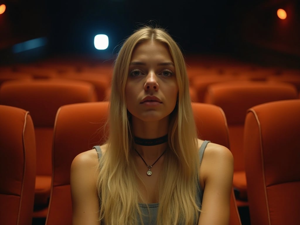 A woman sitting alone in an empty cinema with intense lighting from the screen, expressing a pensive mood, surrounded by red theater seats.