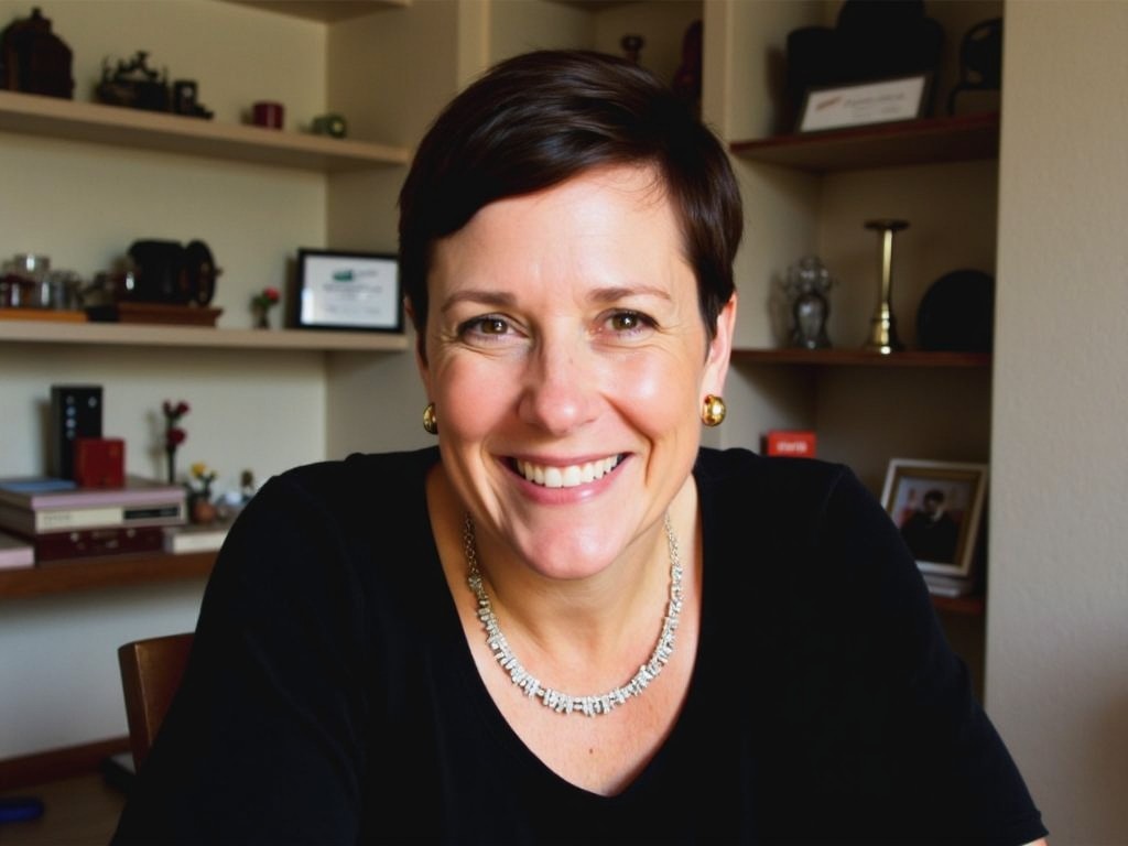 A woman with short, dark hair is smiling warmly at the camera. She is wearing a black top and is seated against a background filled with shelves holding various items and decorations. Her earrings are small, gold hoops. She is adorned with a sparkling diamond necklace that adds elegance to her appearance. The lighting is soft, creating a cozy atmosphere in the room.