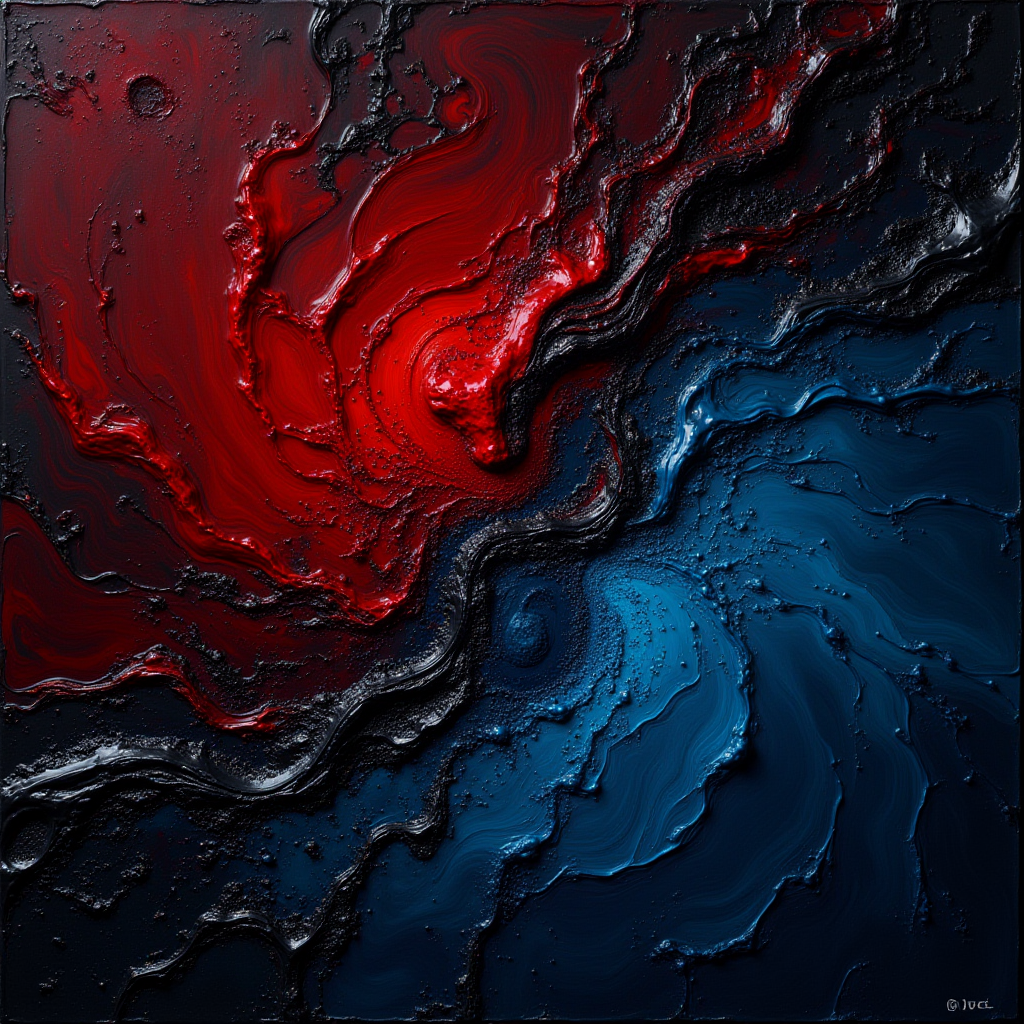 A dynamic abstract painting blending red and blue swirls, evoking a sense of cosmic energy.