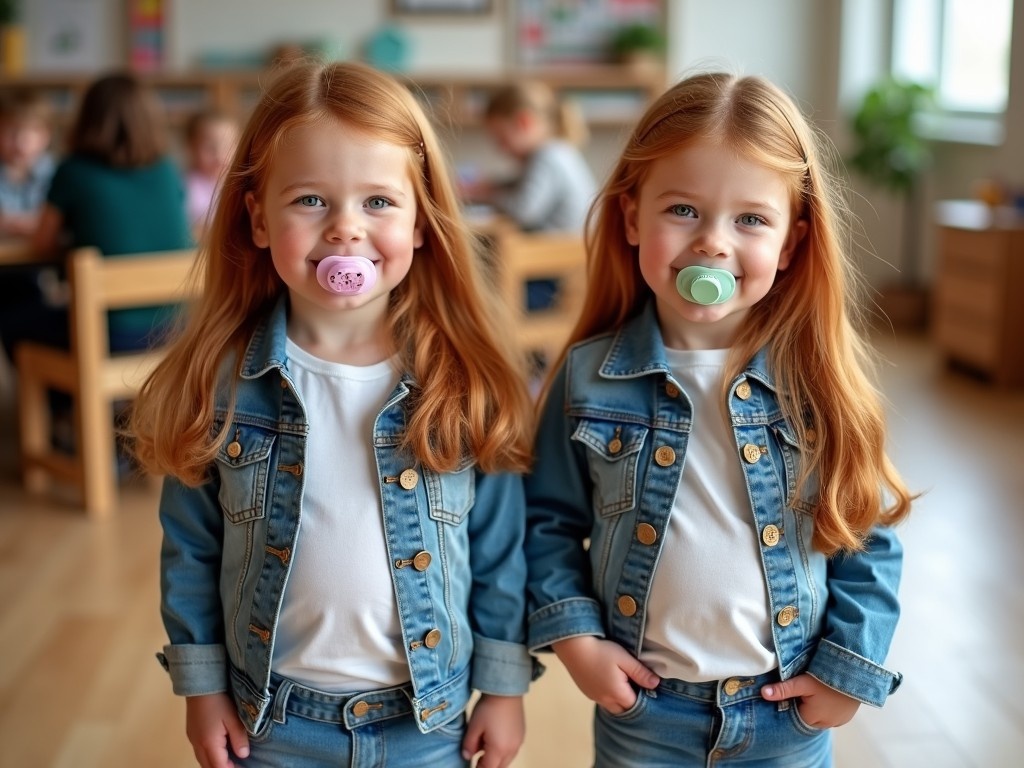 In a bright kindergarten setting, two twin girls stand proudly together. They both have long reddish-brown hair and are wearing matching denim jackets over simple t-shirts. Each twin has a pacifier in her mouth, one in light pink and the other in teal. Their outfits include fitted jeans, creating a casual yet stylish appearance. The background features other children engaged in arts and crafts, highlighting a lively educational environment.