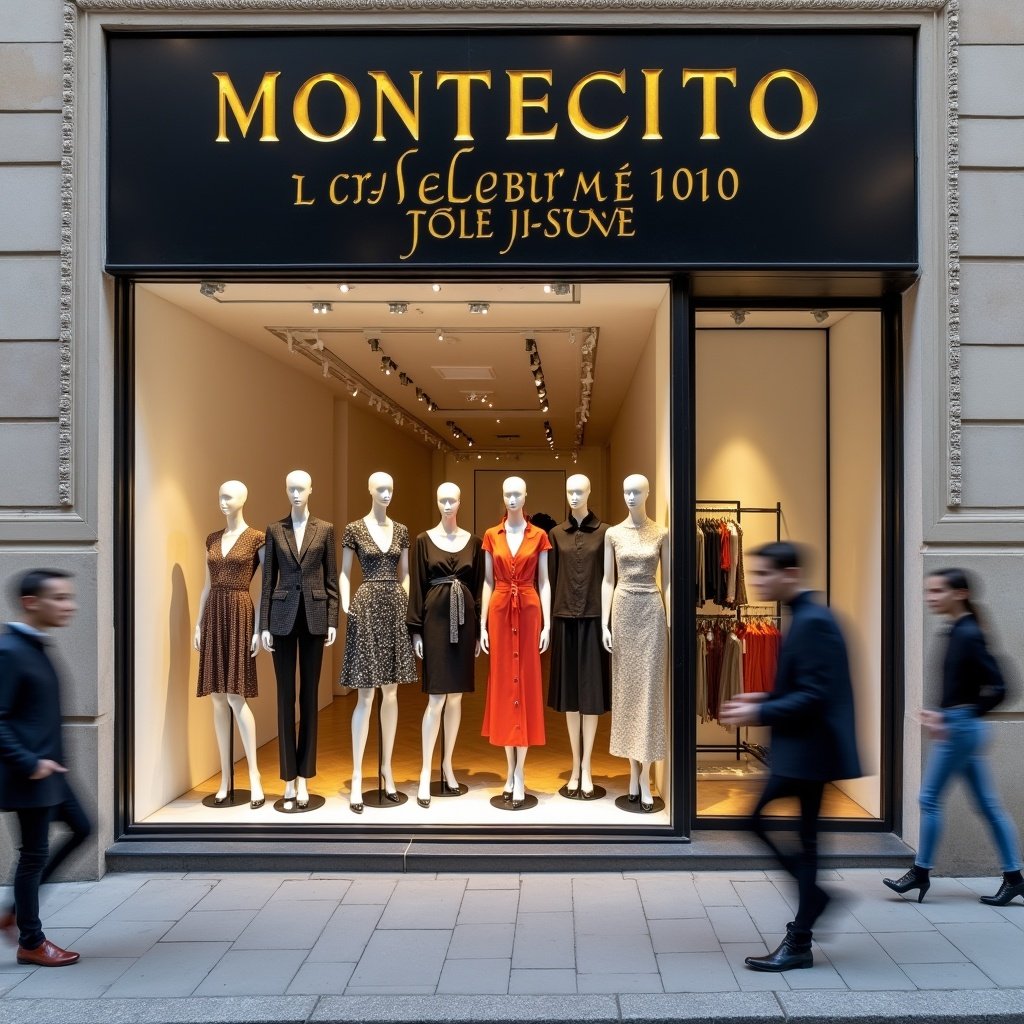 This image shows an elegant fashion store with the name 'MONTECITO COLLECTIVE' prominently displayed. The window features several mannequins dressed in a variety of stylish women's outfits. The store's façade has a classic stucco design, creating a welcoming atmosphere. Daylight enhances the visual appeal, drawing the attention of passersby on the bustling city street. This contemporary retail scene reflects current fashion trends and offers inspiration for the industry.