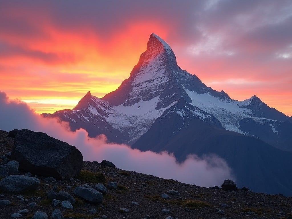 This image depicts a breathtaking mountain peak under a radiant sunset. The sky is filled with vibrant orange and purple hues, contrasting beautifully against the snow-capped mountain. Wispy clouds envelop the lower parts of the mountain, adding to the dramatic effect. The composition showcases the rugged landscape and emphasizes the height and majesty of the peak. This scene captures the essence of nature's beauty and grandeur, making it an ideal representation for travel and adventure themes.