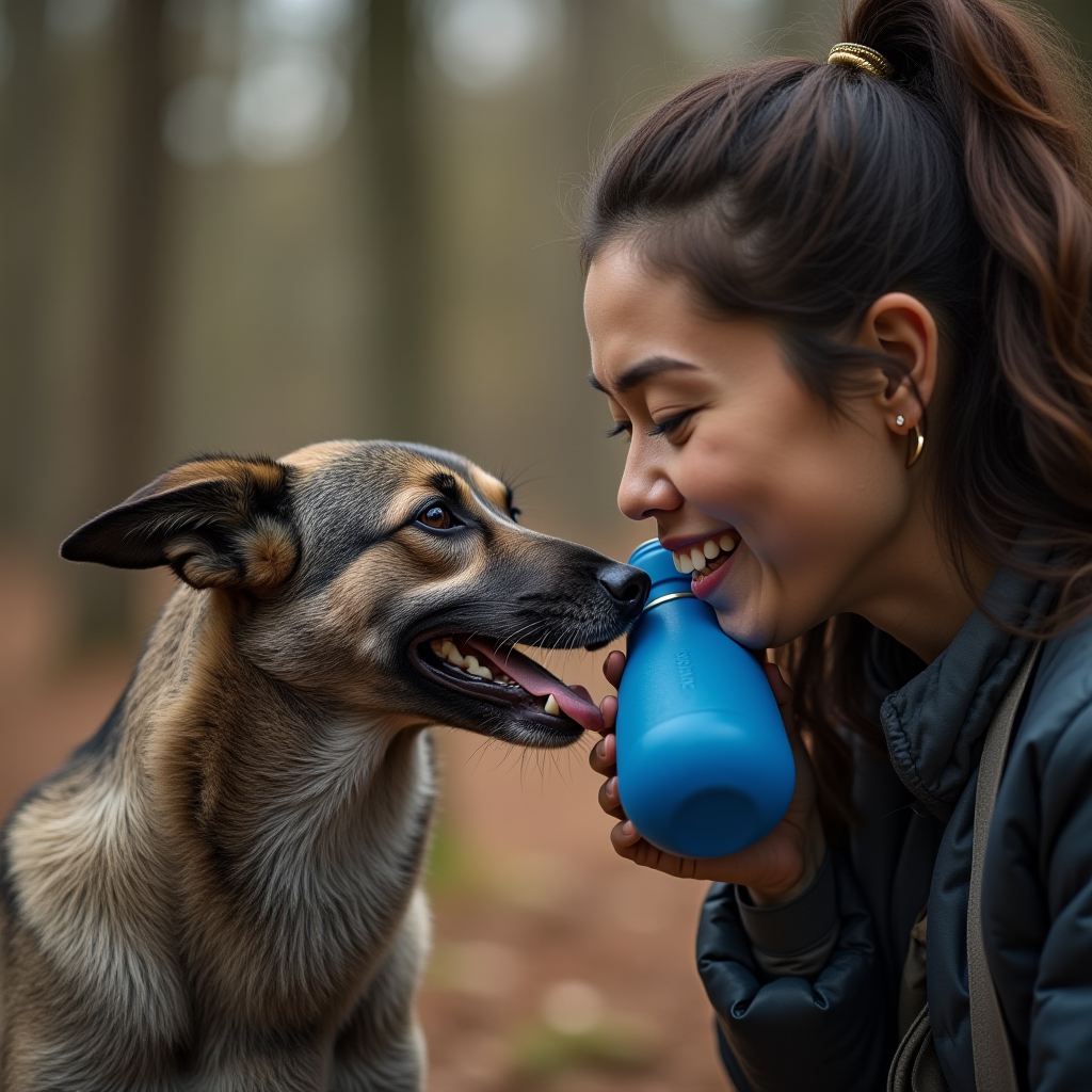 A young woman shares a playful moment with her dog as they both drink from a blue water bottle, surrounded by a blurred forest background.