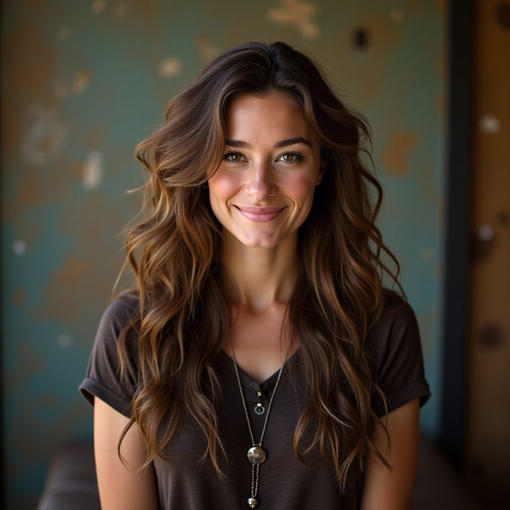 The image features a beautiful young woman with long, wavy brown hair. She is smiling warmly at the camera, conveying a sense of friendliness and approachability. The background is textured with a rustic, vintage look, adding depth to the photo. Her casual outfit consists of a simple black t-shirt, and she wears a necklace that complements her look. The lighting is soft and natural, enhancing her features and creating a welcoming atmosphere.