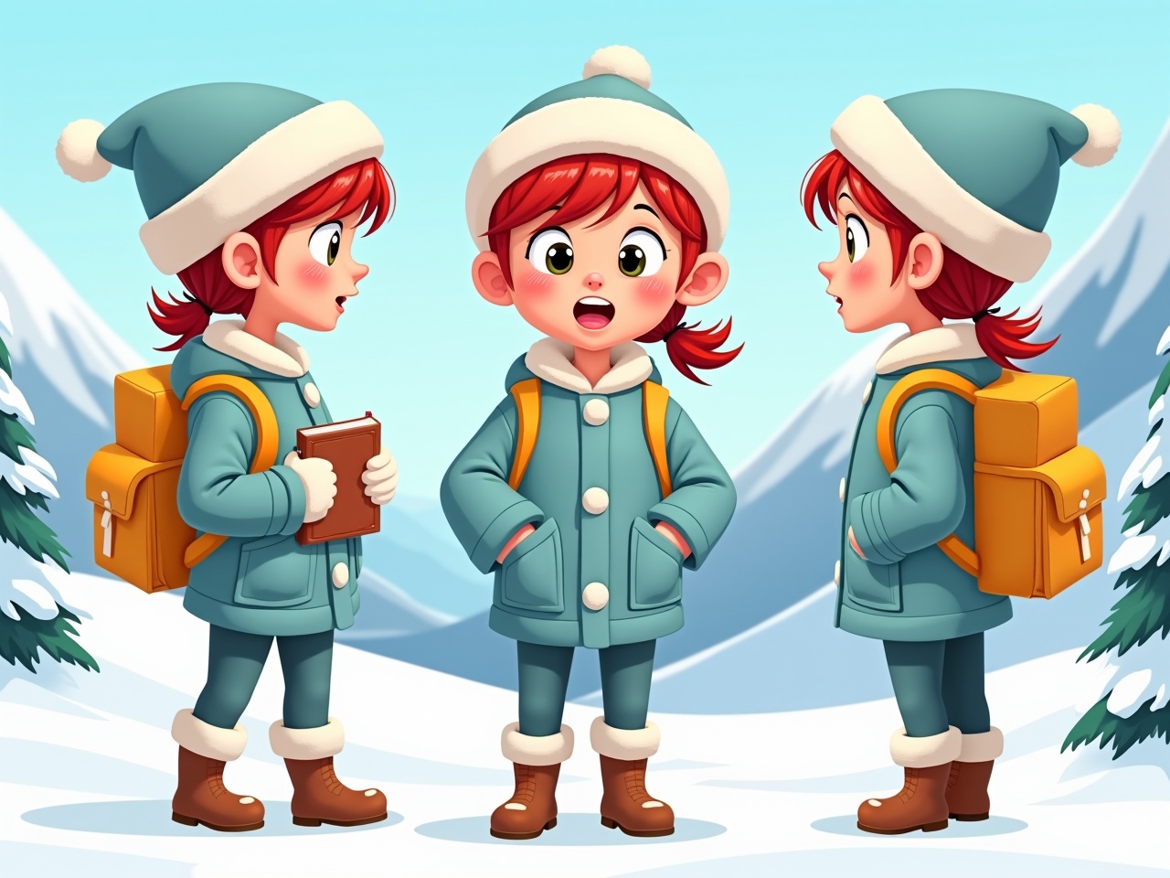 This image features a cartoon character turn-around sheet of a young adventurer in a snowy landscape. She has striking red hair peering out from her cozy winter hat. Her cheeks show a rosy blush, hinting at the chilly weather or her excitement. Dressed in a light blue jacket that features a fluffy white collar, she appears well-prepared for the cold. With a backpack strapped on and a book in her hands, she seems ready for exploration. Her expression is one of curiosity and wonder, capturing the spirit of adventure. The turn-around includes front, side, and back views, making it ideal for animations or illustrations.