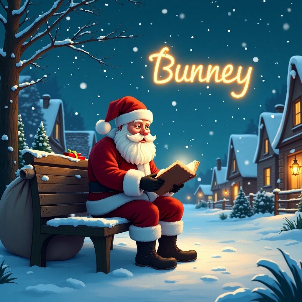 This image depicts Santa Claus in a tranquil snowy village at night. He sits on a bench, reading a notebook with a content smile. In the sky, the word 'Bunney' is beautifully illuminated. The scene is cozy, with snow gently falling and warm lights glowing from nearby houses. Santa’s bag filled with gifts rests beside him, adding to the festive vibe.