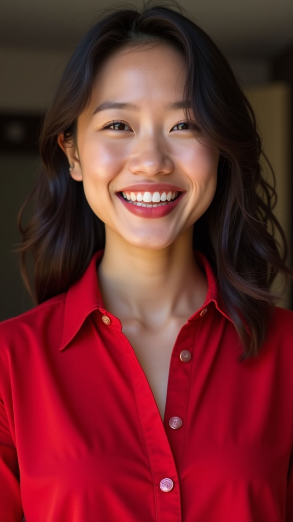 A person is smiling brightly while wearing a red shirt.