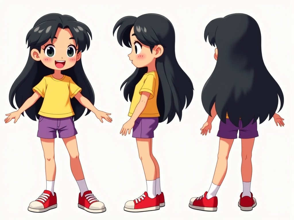 This image showcases a cute anime-style character design of a young girl. She has long black hair with a side part. The girl is wearing a bright yellow t-shirt and purple shorts, paired with red sneakers. The illustration includes three views: front, side, and back, which provide a complete representation of her appearance. This design can be used for various creative projects, such as animation, video games, or children's books. The overall aesthetic is cheerful and vibrant, appealing to a young audience.