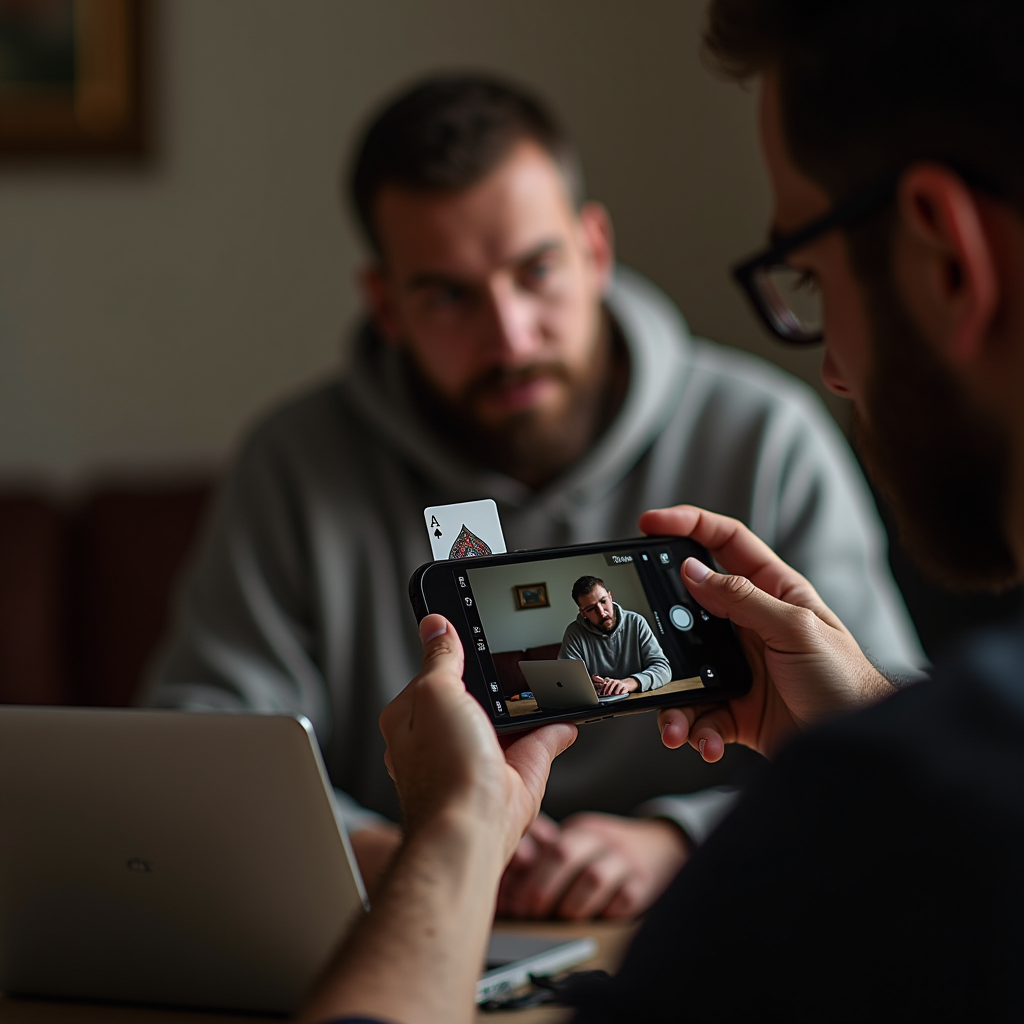 A man takes a photo of another man at a table with a playing card on his phone, with the laptop and blurred figure in the background.