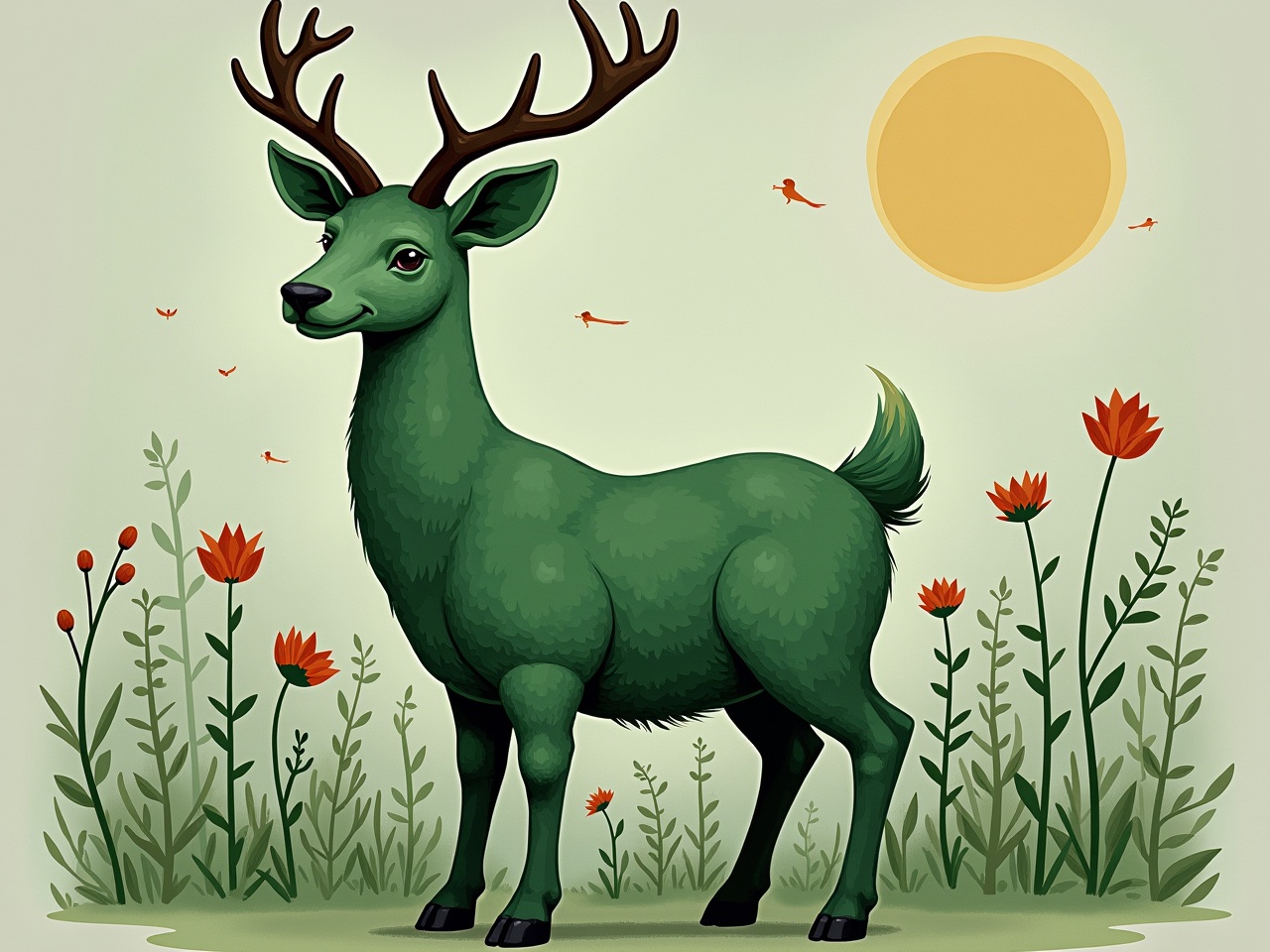 A whimsical, cartoon illustration of a green deer standing in a vibrant floral setting with a yellow sun and red-orange flowers. The deer has majestic antlers and the artwork conveys a fantasy nature theme.