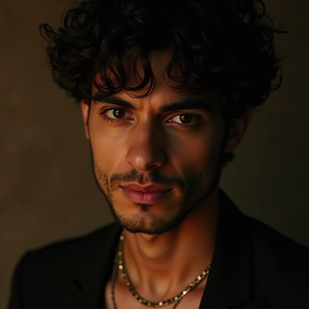 A man with curly hair and a serious expression looks directly at the camera in a dimly lit setting.