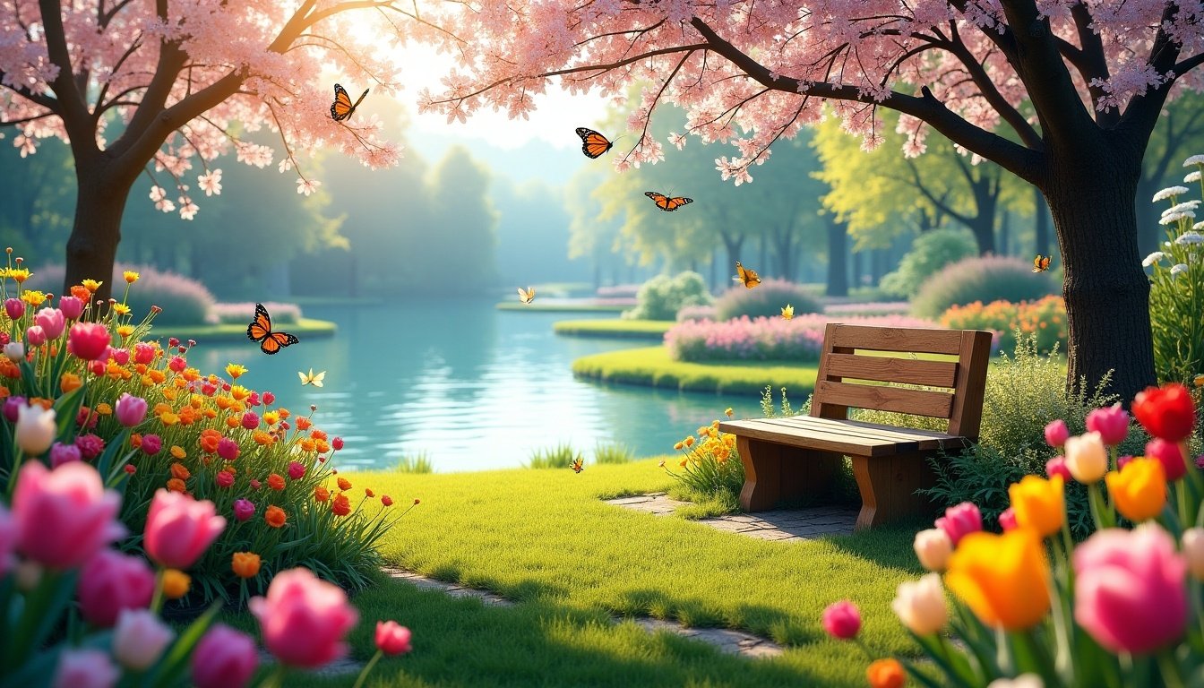 This image depicts a tranquil park scene filled with blooming flowers and fluttering butterflies. A wooden bench sits invitingly at the waterside, surrounded by vibrant gardens of tulips and cherry blossoms. The soft sunlight filters through the trees, creating a peaceful ambiance. Butterflies dance around the flowers, adding life to the idyllic setting. A calm lake reflects the beautiful colors, enhancing the overall sense of serenity in this harmonious landscape.