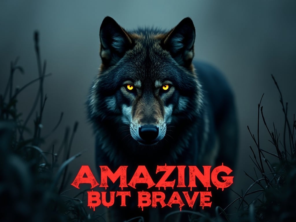 The image portrays a fierce wolf with piercing yellow eyes against a dark, moody background. The text 'AMAZING BUT BRAVE' is displayed prominently in a bold red font at the bottom. The wolf's expression conveys strength and bravado, capturing the essence of wilderness. The overall atmosphere is spooky yet captivating, suggesting a connection to nature's untamed beauty. The low lighting enhances the dramatic impact of the gaze, creating an unforgettable visual experience.