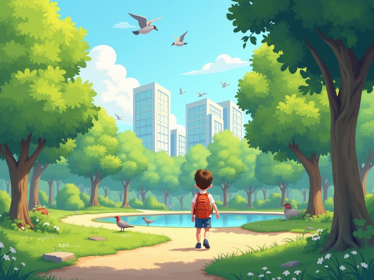 The image depicts a serene park scene. A young boy is walking down a winding pathway. He is wearing a light shirt and shorts, carrying a backpack. Surrounding him are lush green trees and a small pond. Birds are flying above and are also seen on the ground, adding to the peaceful atmosphere. In the background, there are tall buildings visible, hinting at an urban setting. The sky is clear with a few scattered clouds, suggesting a beautiful day.