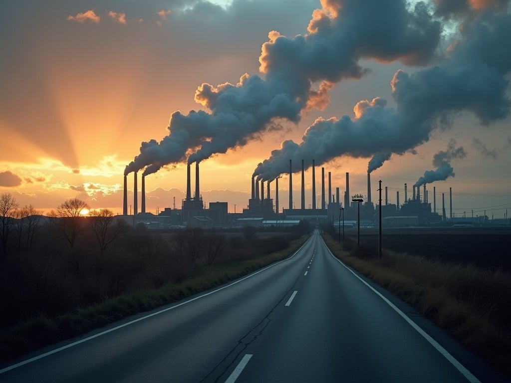 A road leads to a large industrial complex with chimneys emitting smoke against a dusky sky. The setting sun casts a warm orange glow contrasting with the grey of the smoke. The scene depicts the impact of heavy industry on the environment. The winding road invites viewers to explore this industrial landscape. The image showcases both the beauty of nature and the starkness of industrial progress.