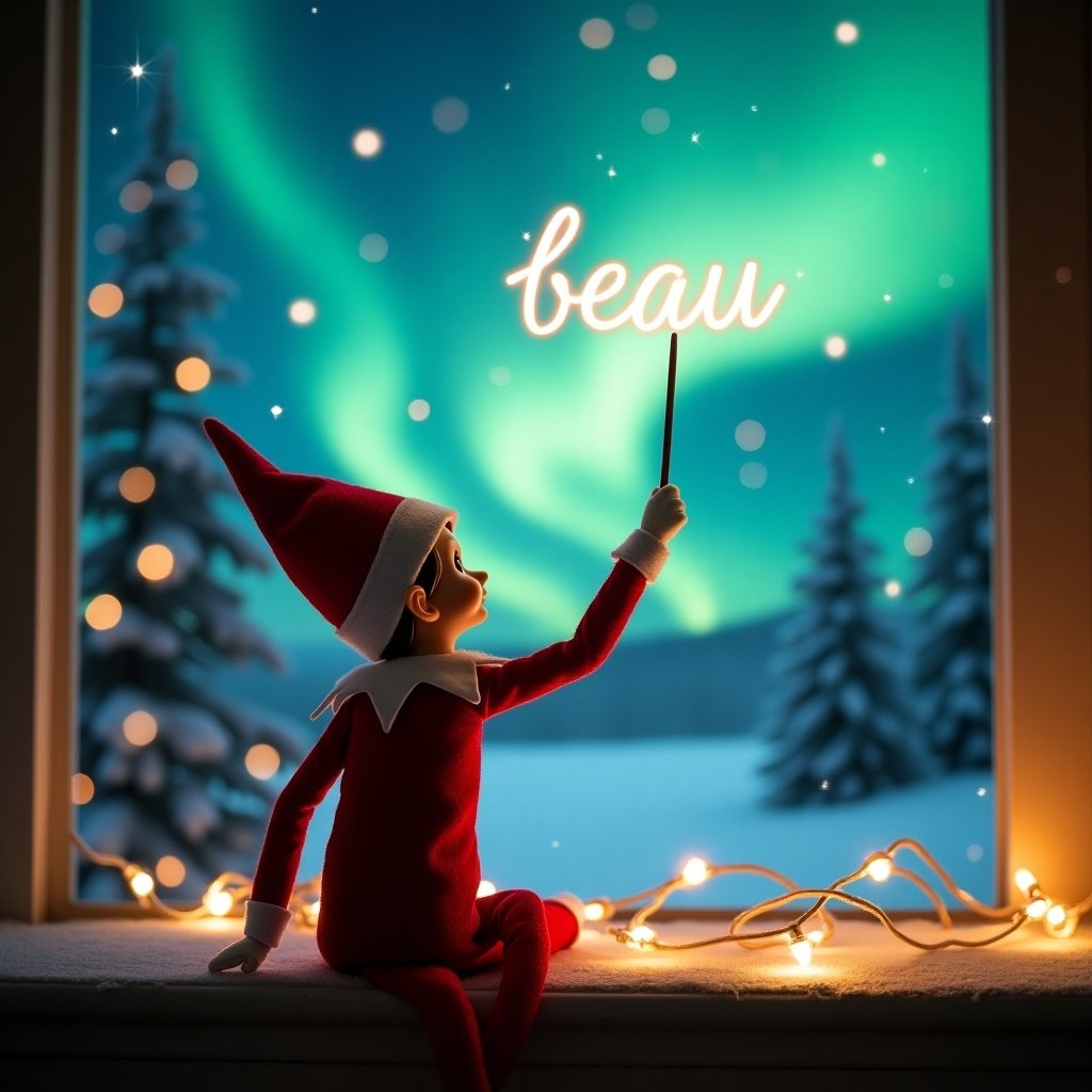 The image portrays an elf on a shelf seated with its back to the viewer. The elf is adorned in a traditional red outfit and hat and is holding a wand, writing 'beau' in the shimmering sky. Behind the elf, the captivating northern lights dance in vibrant colors. The scenery is infused with a magical Christmas spirit, complete with snow-covered trees. Soft fairy lights accentuate the whimsical ambiance of the moment, showcasing the elf's playful holiday spirit. This scene embodies the joy and wonder associated with the Christmas season.