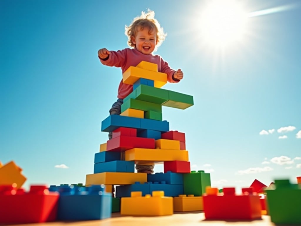 A joyous child stands triumphantly on top of a tall tower made from colorful Lego blocks. The tower is a vibrant mix of blue, red, green, and yellow pieces. The child has a big smile, reflecting pure happiness and achievement. The bright sunlight casts a warm glow on the scene, making the colors pop. In the background, a clear blue sky and a few fluffy clouds complete the cheerful atmosphere of outdoor play.