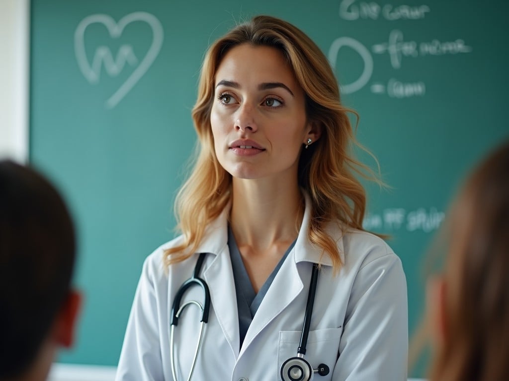 A doctor standing in front of a chalkboard, wearing a white coat and a stethoscope, with a heart diagram drawn on the board, conveying a sense of education and professionalism.