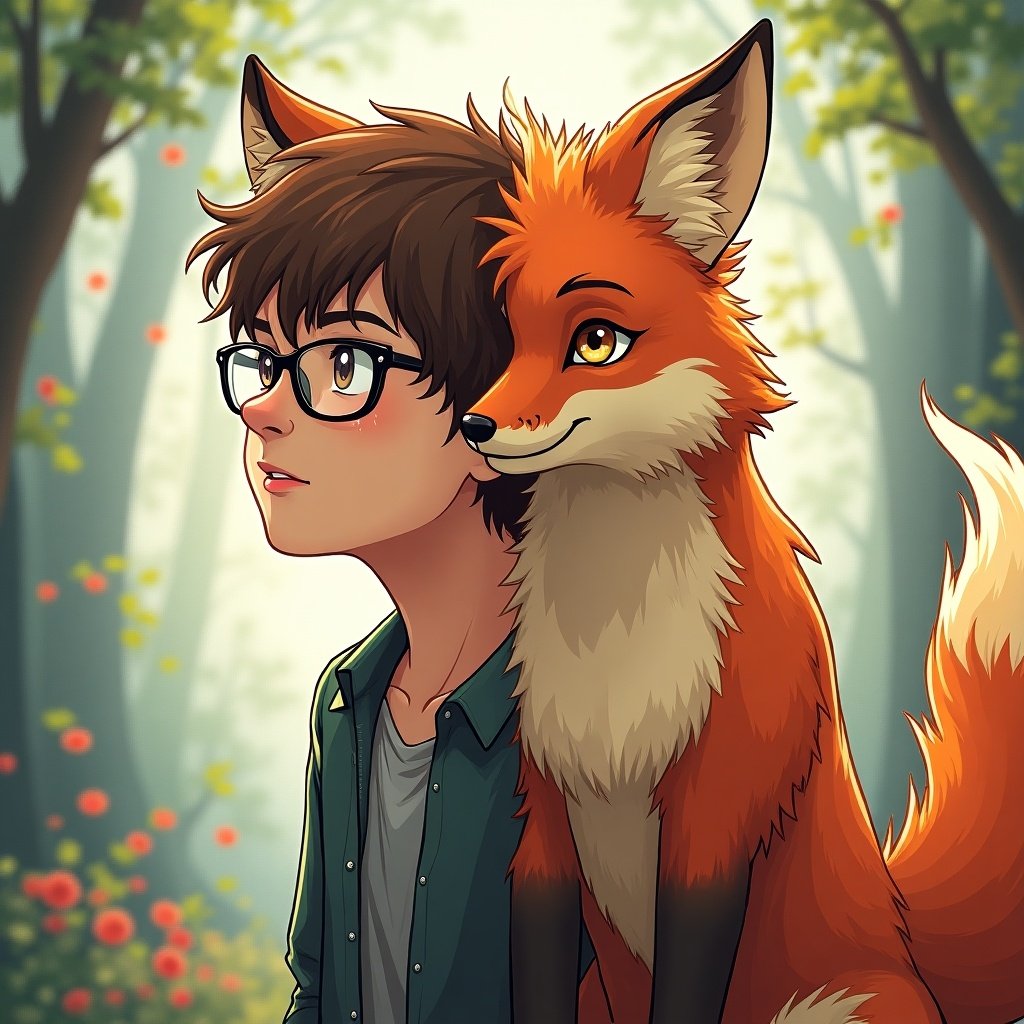 This is an imaginative scene depicting a human male with brown hair and glasses standing alongside an anthropomorphic fox. The fox, characterized by its vibrant orange fur and friendly expression, stands close to the human, suggesting a bond. The lush forest background adds depth, with soft sunlight illuminating both characters. The style is colorful and whimsical, geared towards a younger audience. This artwork captures the magic of friendship between humans and animals, perfect for storytelling and fantasy themes.