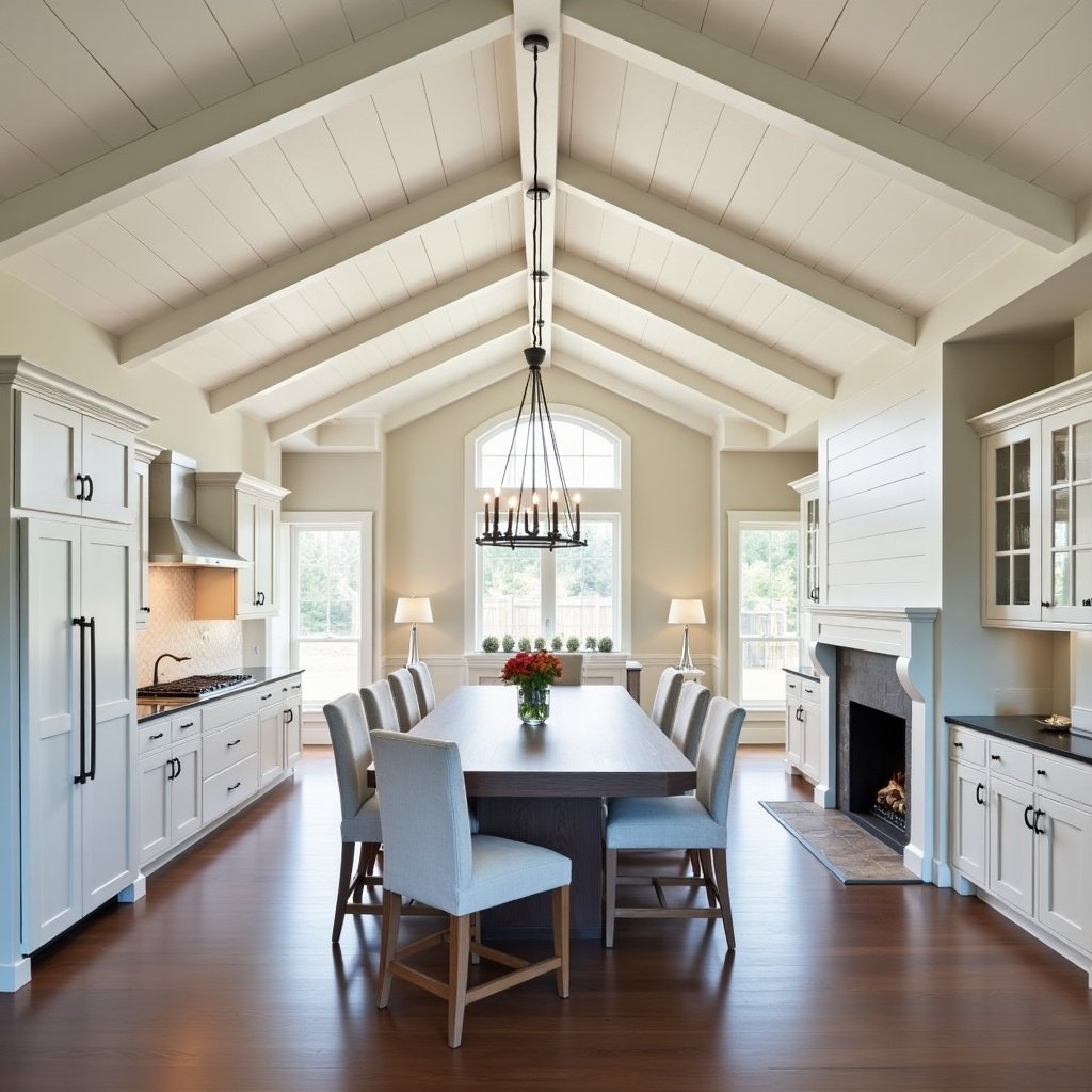 This image showcases a spacious great room featuring a 19-foot horizontal vaulted ceiling. The room includes a modern kitchen at one end and a cozy fireplace at the other. White box beams and white oak shiplap add architectural interest to the ceiling. A large dining table is positioned in the center, surrounded by light-colored chairs. Large windows fill the space with natural light, enhancing the inviting atmosphere.