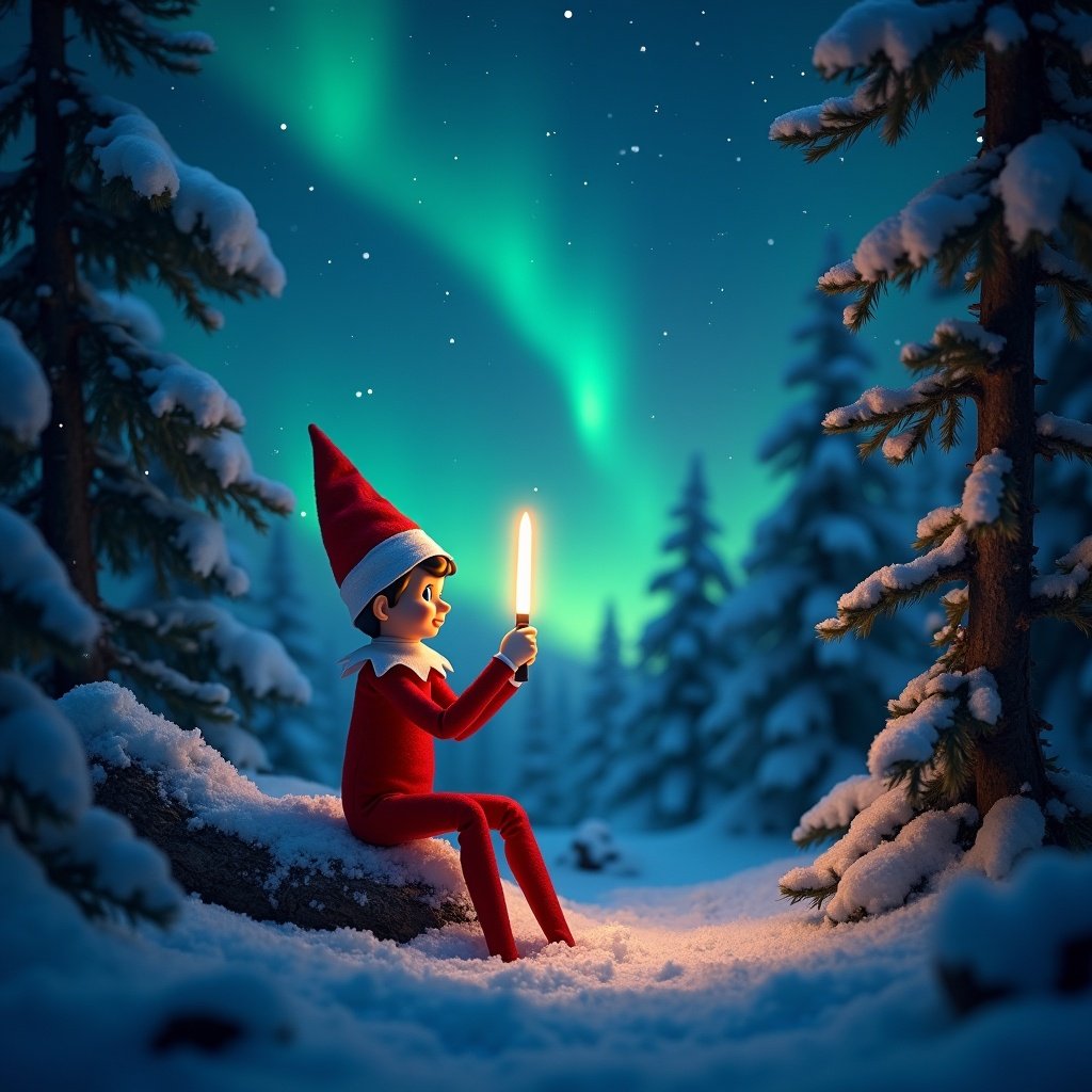 This enchanting image features an Elf on the Shelf sitting alone in a snowy forest at the North Pole. The elf, dressed in a classic red outfit with a pointed hat, is holding a glowing wand, casting a magical light in the tranquil winter night. Above, the sky is filled with twinkling stars and the mesmerizing northern lights, adding to the wonder of the scene. Surrounded by tall snow-covered trees, the elf looks thoughtful as if engaged in a magical task. The entire setting evokes a sense of holiday magic and whimsy, perfect for the festive season.