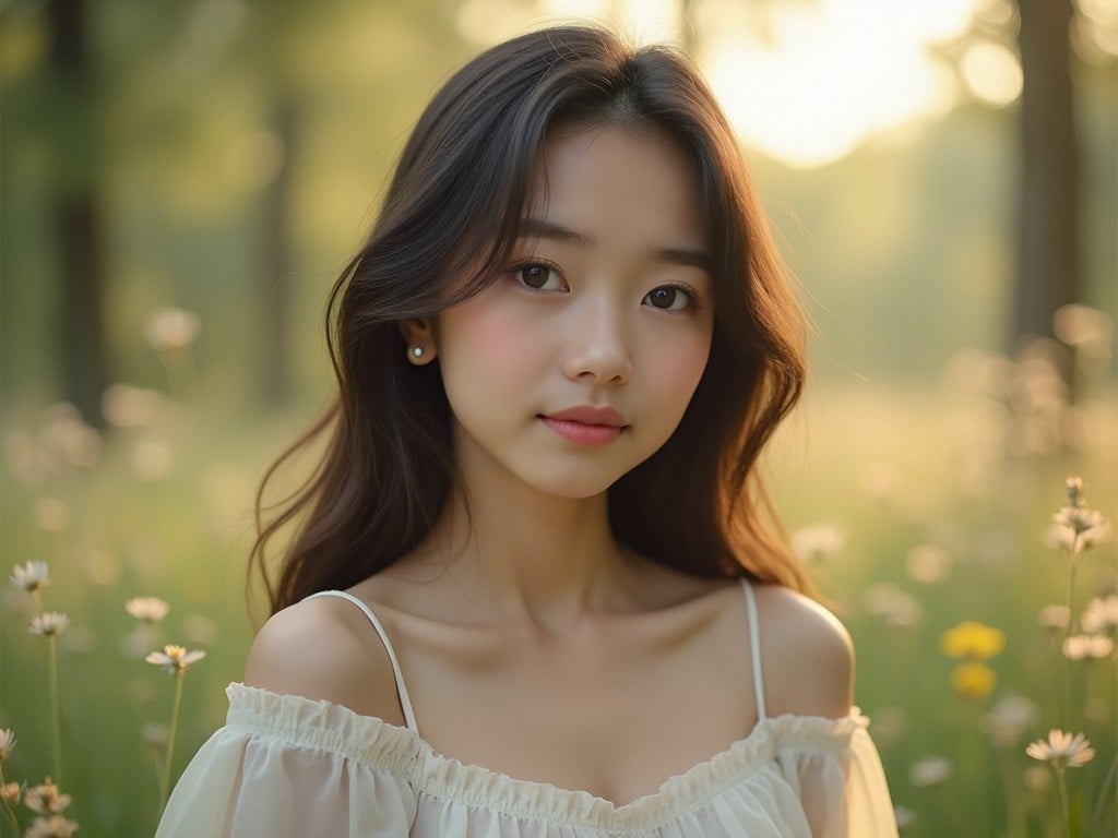 A young woman stands gracefully in a sunlit field, surrounded by blooming flowers. She has a serene expression, evoking a sense of peace and tranquility. The soft sunlight enhances her pretty face, highlighting her delicate features. The backdrop of lush greenery and scattered wildflowers adds to the overall beauty of the scene. This image captures the essence of youth and natural beauty in a perfect outdoor setting.