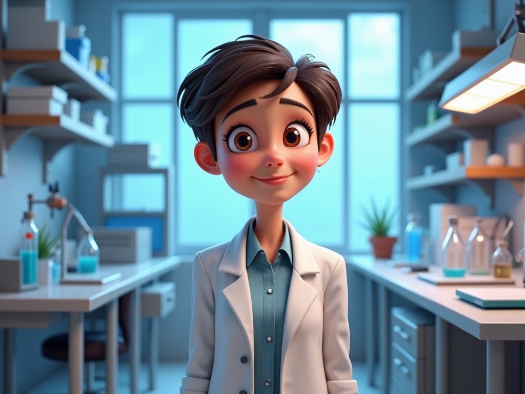 This image features a charming cartoon character of a young woman in her 30s, dressed in a scientist outfit complete with a lab coat. She has a contemporary short hairstyle, styled with a micro side. Her friendly smile conveys warmth and approachability. The setting is a well-equipped laboratory with shelves filled with scientific equipment and colorful liquids. The artistic style is reminiscent of Pixar, blending realism with whimsical elements in a vibrant 3D depiction.