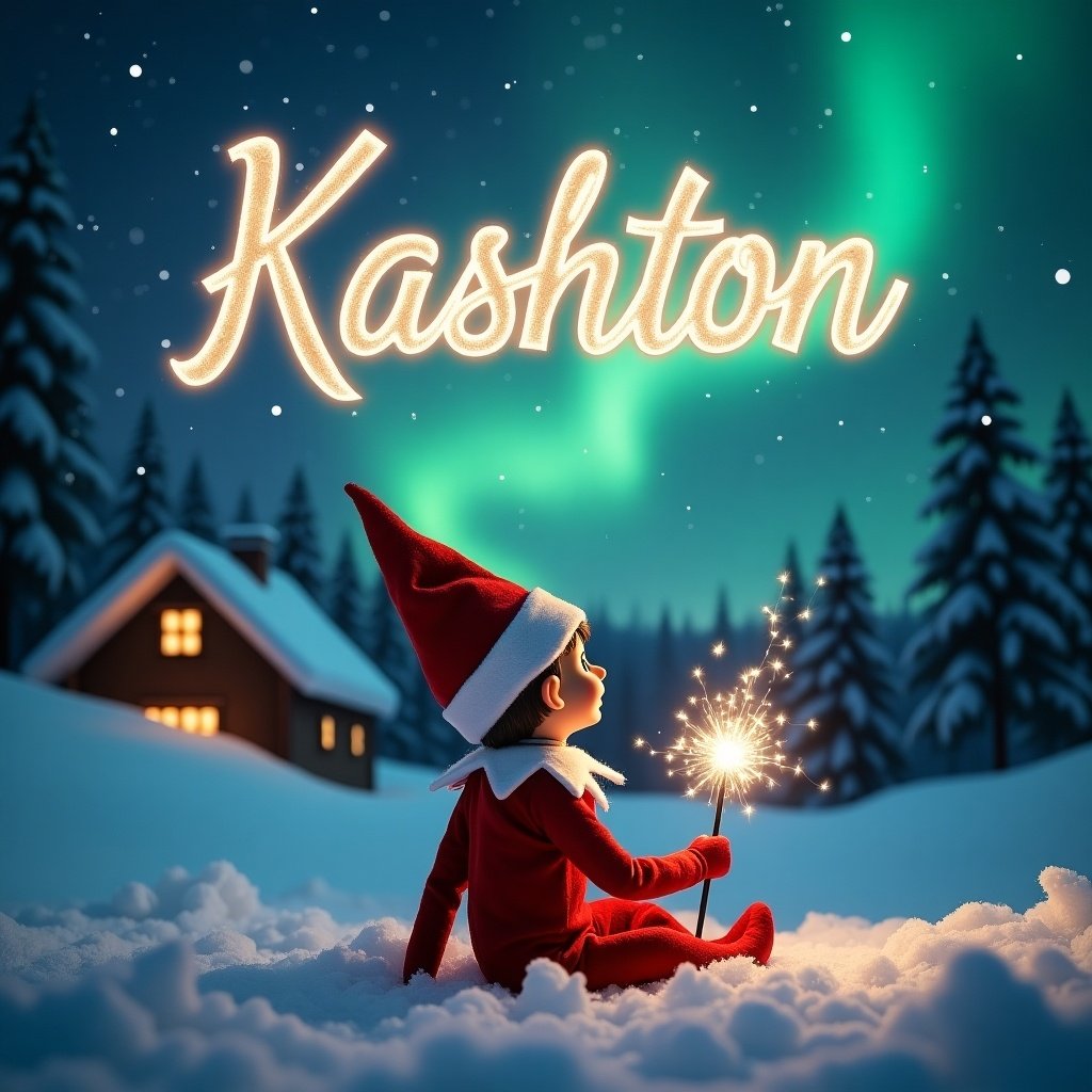 An elf on the shelf is sitting on the snowy ground, with his back to the viewer as he gazes upward. He holds a shimmering magic wand, enchanting the night sky. Above him, the name 'Kashton' shines in elegant, sparkling letters, set against vibrant northern lights. The scene is filled with Christmas magic, soft snow enveloping the landscape, and a cozy cabin in the background. The entire atmosphere oozes warmth and festive spirit, perfectly embodying the joy of the holiday season.