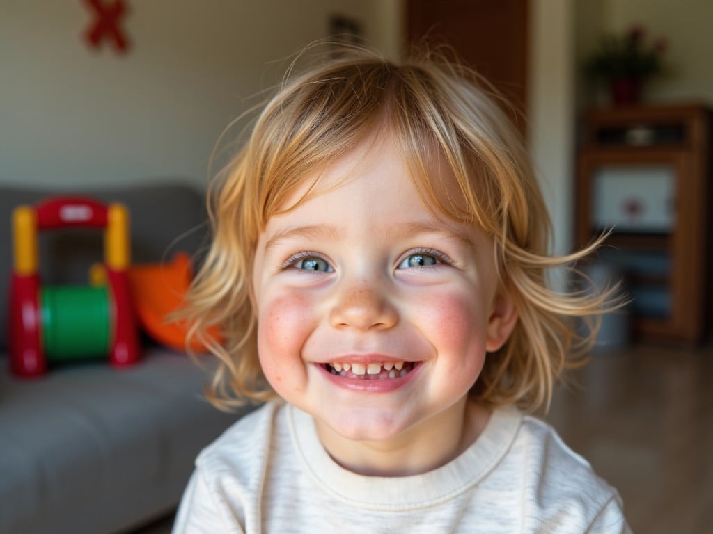 A young child is sitting in a cozy living room, beaming with joy. The child, speckled with freckles, has curly blonde hair that catches the sunlight. Behind the child, colorful playground equipment can be seen, adding vibrancy to the scene. This setting feels warm and inviting, reflecting a happy playtime moment. The sunlight pouring in enhances the cheerful ambiance.