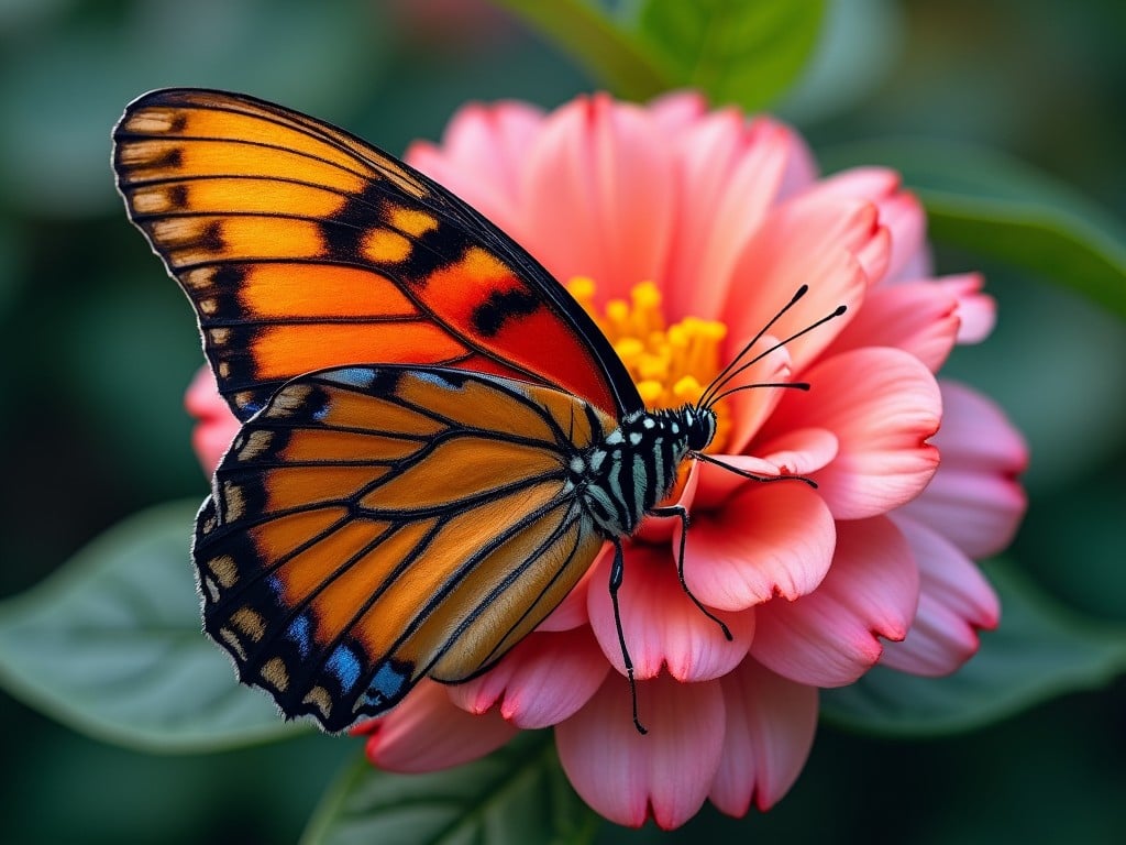 a vibrant butterfly with orange wings perched on a pink flower, detailed macro shot, soft natural lighting