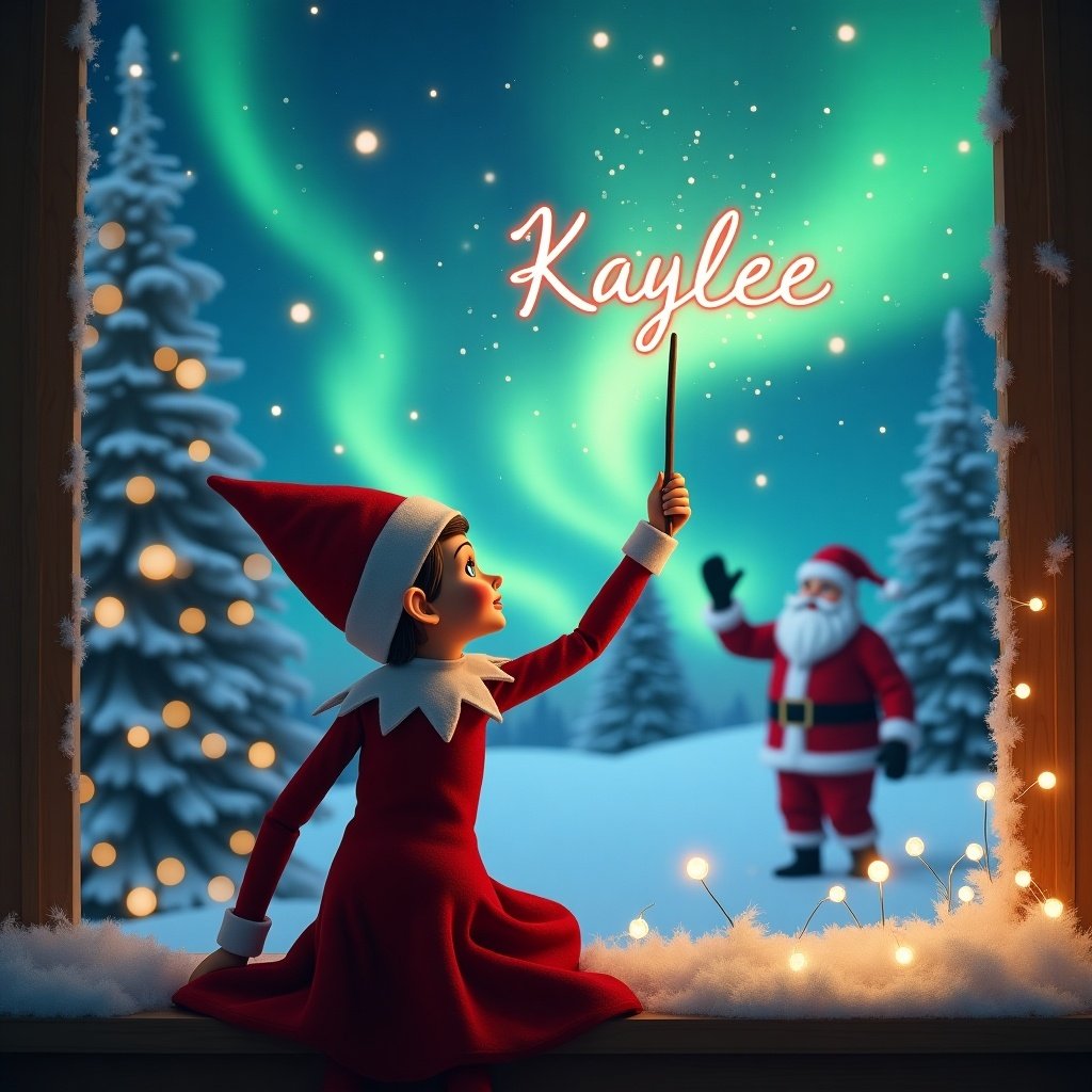 An enchanting Christmas scene featuring an elf on the shelf with her back to the viewer. The elf is dressed in classic red and white, sitting by a window and facing the sky. She is using a wand to write the name 'Kaylee' in bright, shimmering letters among the stars. The background showcases a breathtaking display of northern lights in vibrant greens and blues. In the distance, Santa Claus can be seen waving, surrounded by a snowy landscape, adding to the festive atmosphere.