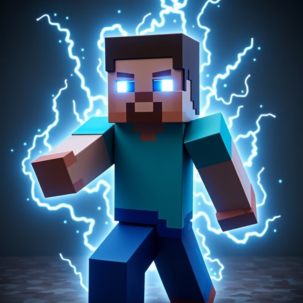 The image displays a Minecraft character, known as Steve, depicted in a dynamic pose. His blue shirt contrasts with a dark background, and electric blue light gleams from his eyes. Surrounding him, bolts of electricity radiate, creating a sense of action and power. The overall style is blocky, maintaining the signature look of the Minecraft game. This vibrant depiction highlights Steve's character in an energetic, electrifying manner.