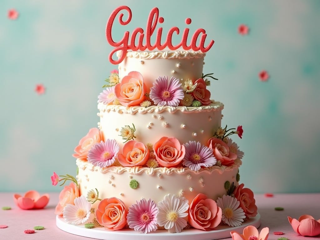 A beautifully decorated three-tier cake features vibrant flowers and a decorative text that reads 'Galicia'. The cake is primarily white with soft pastel accents, giving it an elegant look. Each tier is adorned with delicate edible flowers in shades of pink and peach. The background is a soft pastel blue, enhancing the cake's colors. The overall setting is festive and visually appealing, perfect for celebrations.